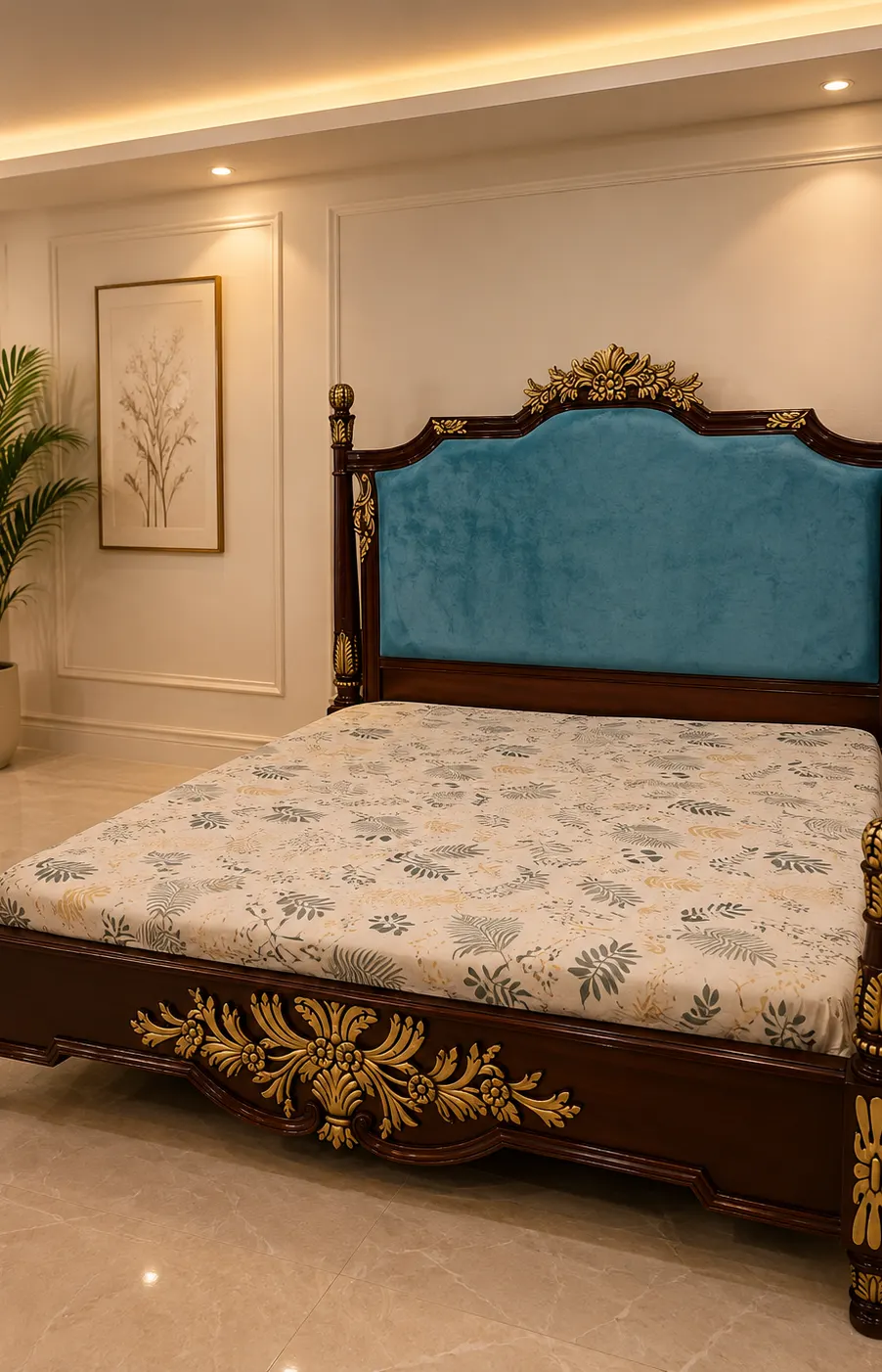 Luxury upholstered bed made by Heaven Furniture Mart