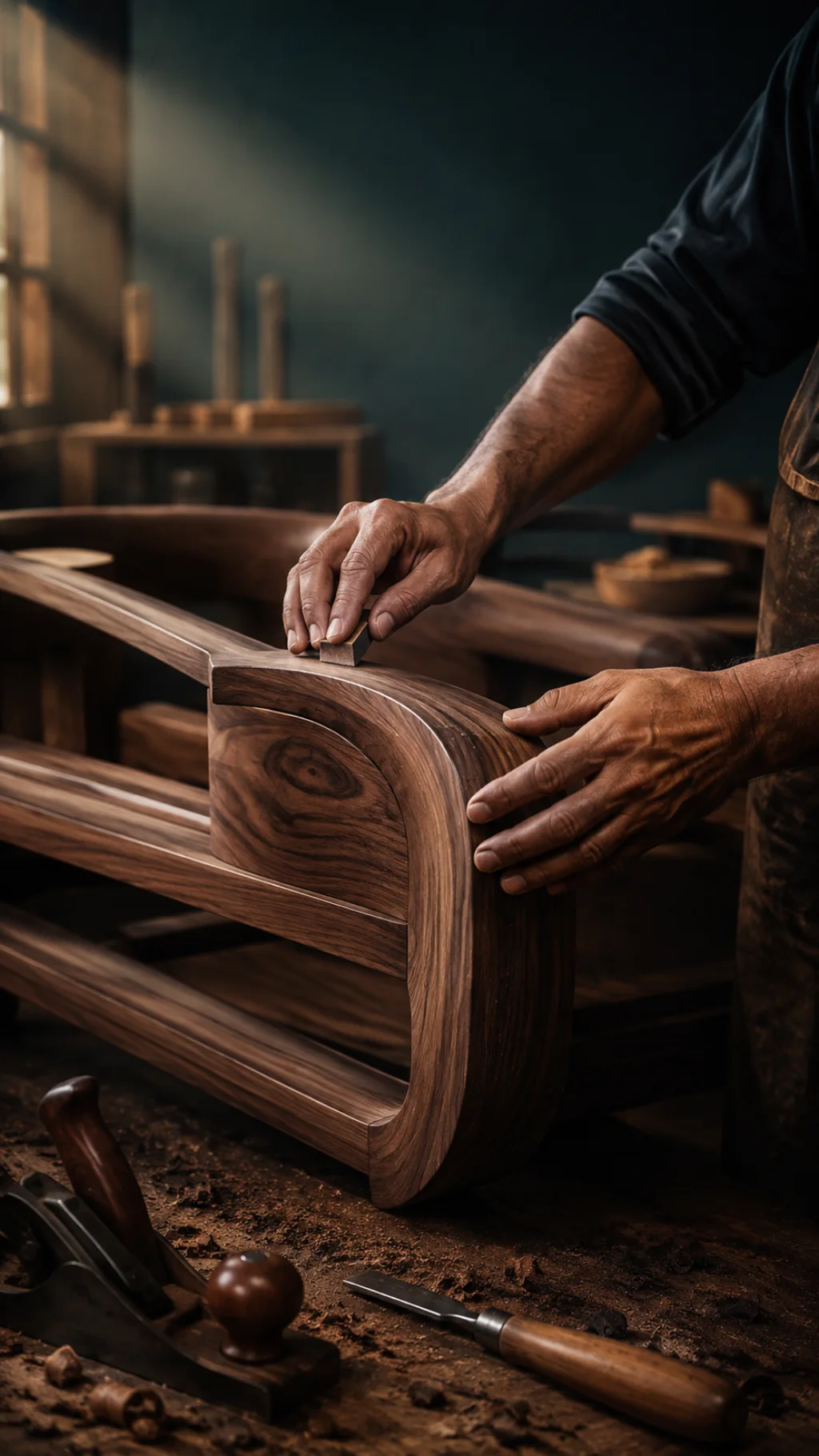 Craftsperson shaping a curved walnut furniture frame by hand