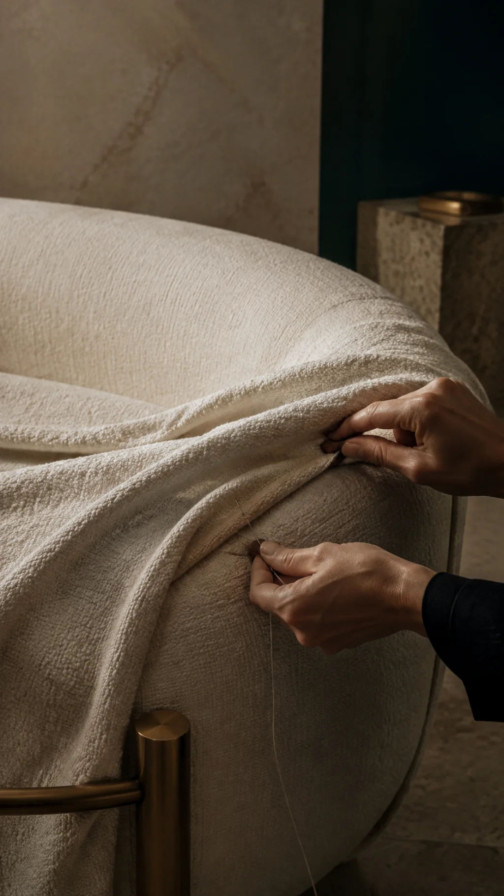Skilled hands tailoring ivory boucle around a curved sofa