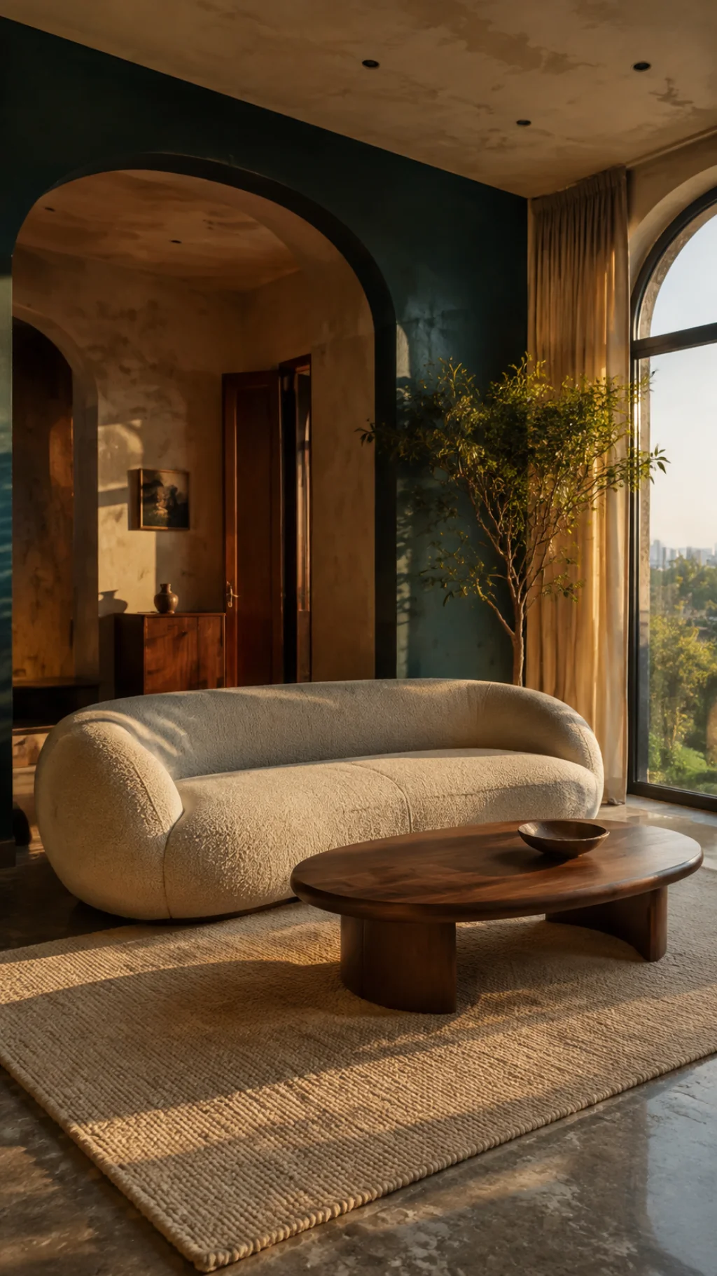 Finished curved ivory sofa and walnut table in a warm interior